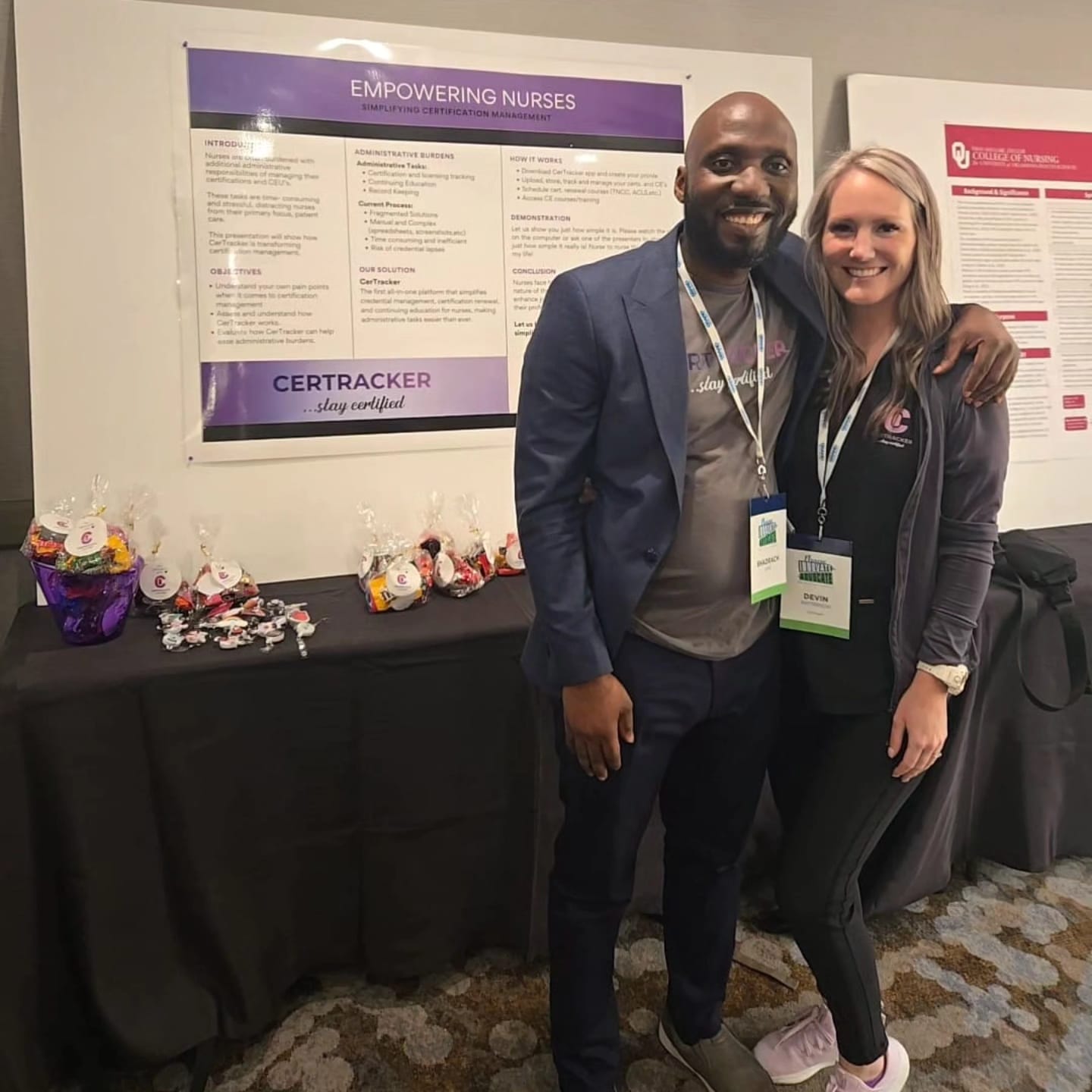 Devin Patterson and Shadrach Igwe at the Oklahoma Nurses Association booth demonstrating CerTracker credential management