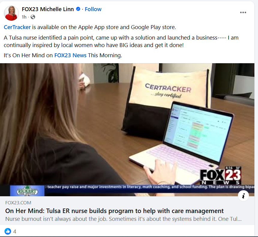 FOX23 News Tulsa feature about CerTracker founder Devin Patterson launching a nurse-built healthcare workforce compliance company